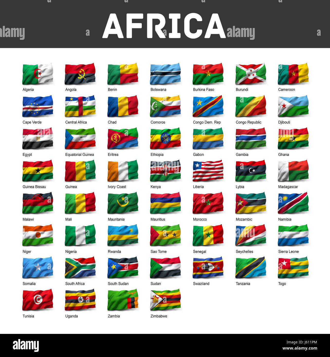 Flaggen Afrika winken in den Wind, isoliert auf weißem Hintergrund Stockfoto