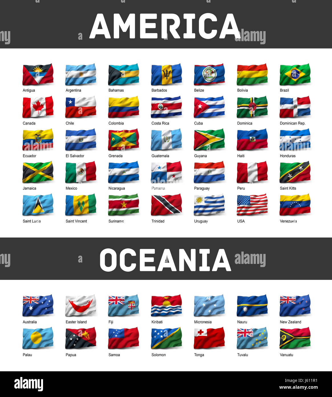 Flaggen der Amerika und Ozeanien winken in den Wind, isoliert auf weißem Hintergrund Stockfoto