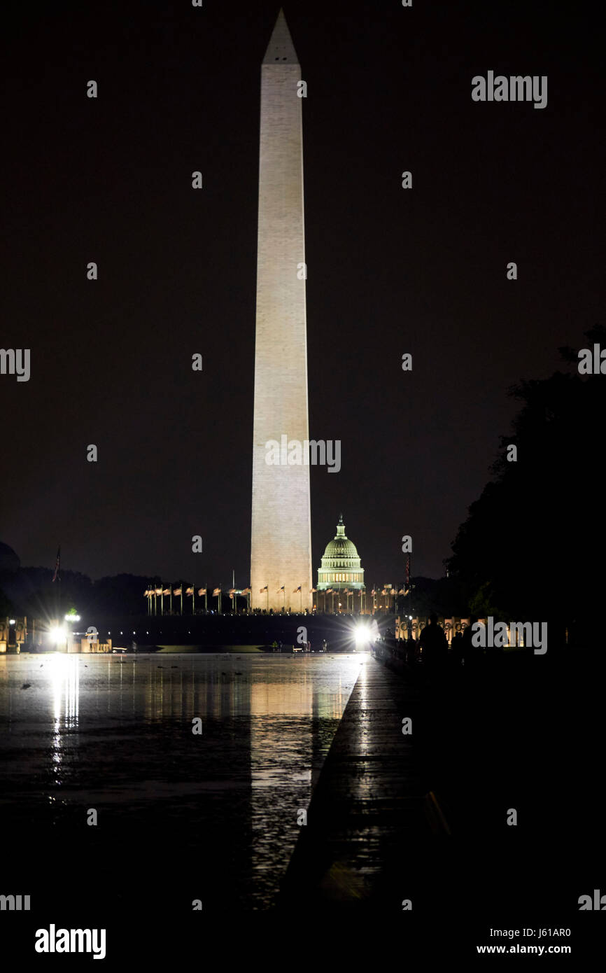 Das Washington Monument, reflektierenden Pool und Kapitol bei Nacht Washington DC USA Stockfoto