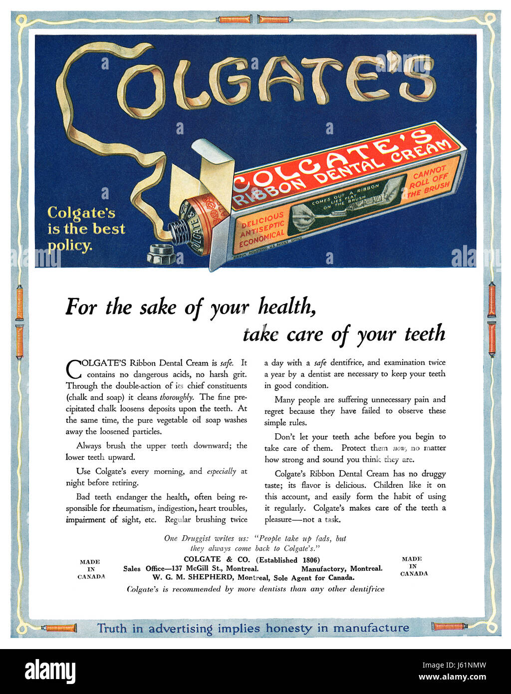 1922 kanadischen Werbung für Colgate Zahnpasta. Stockfoto