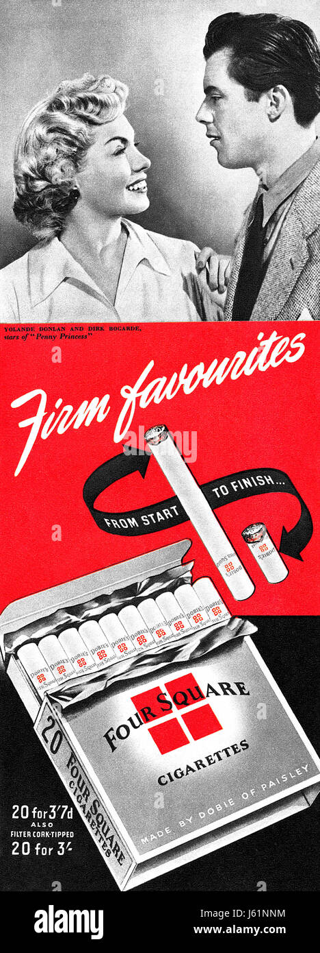 1952 britischer Werbung für vier Quadrat-Zigaretten, mit Schauspielerin Yolanda Donlan und des Schauspielers Dirk Bogarde, Stars des Films Penny Princess. Stockfoto