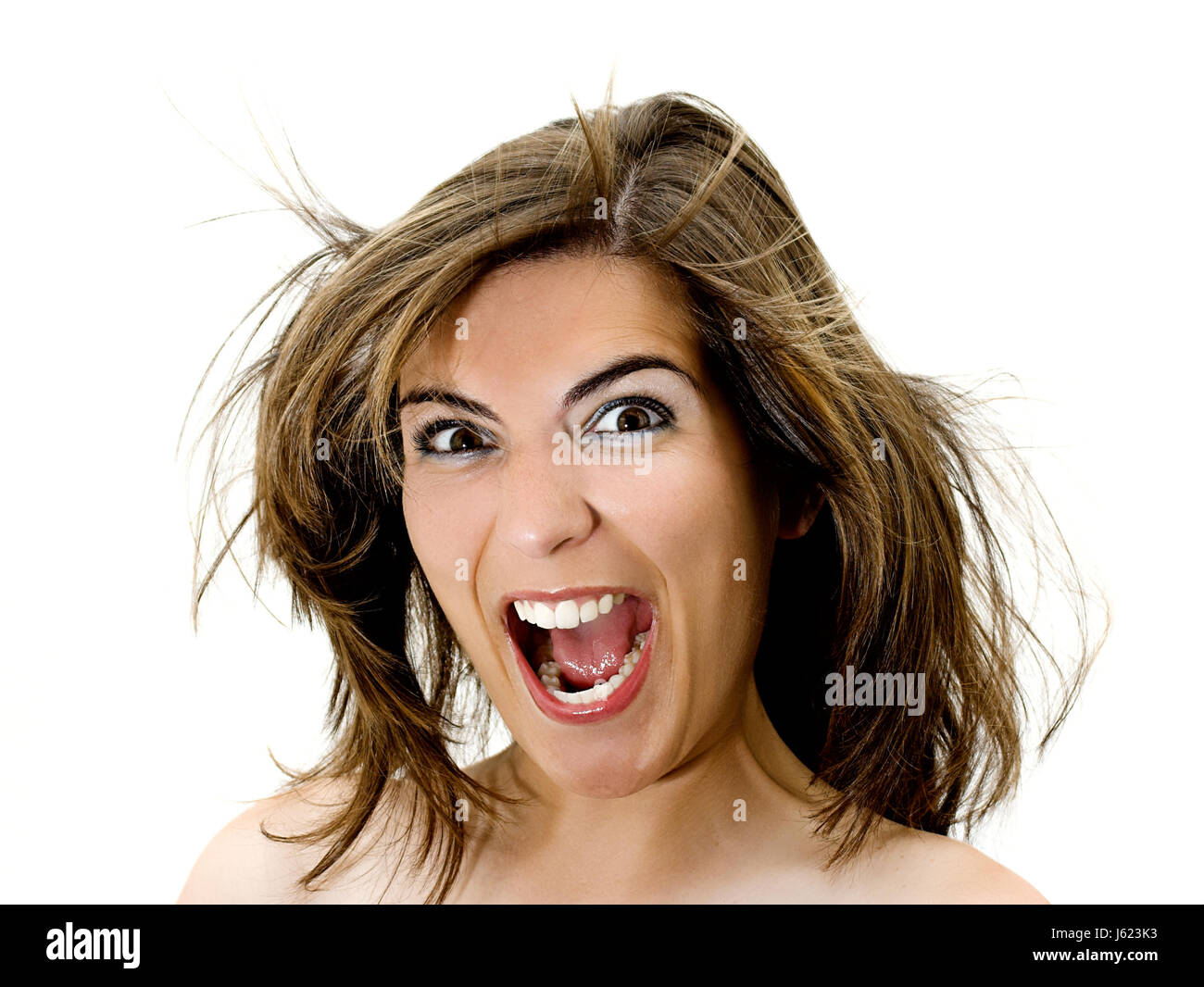 Frau Gesicht teuflischen Grimassen feminine beängstigend Kopf Frau isolierte Farbe Stockfoto