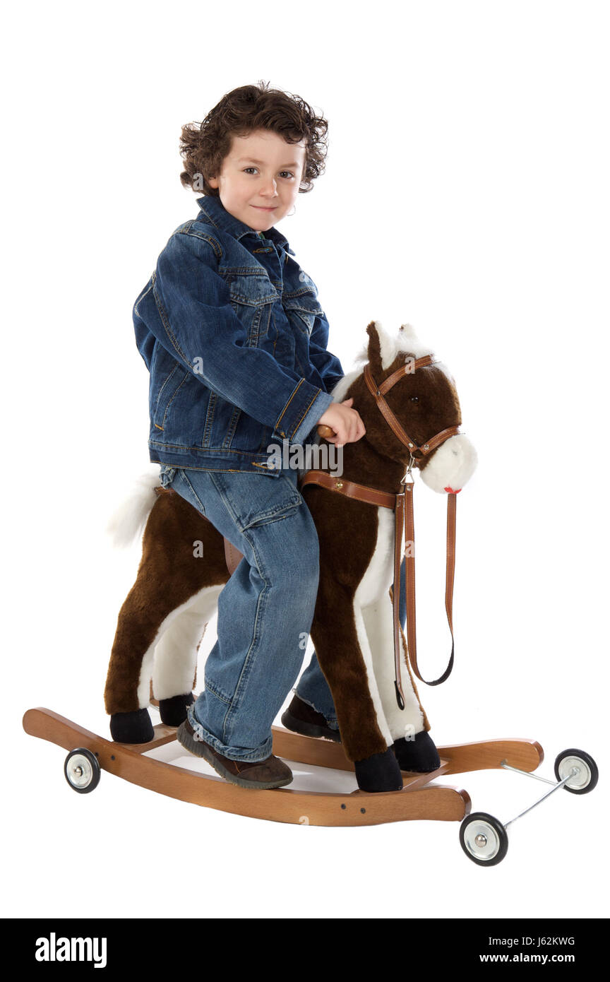 isolierte Pferd Spielzeug Wippe schaukeln junge Bursche blaue männliche junge Menschen menschliche Stockfoto