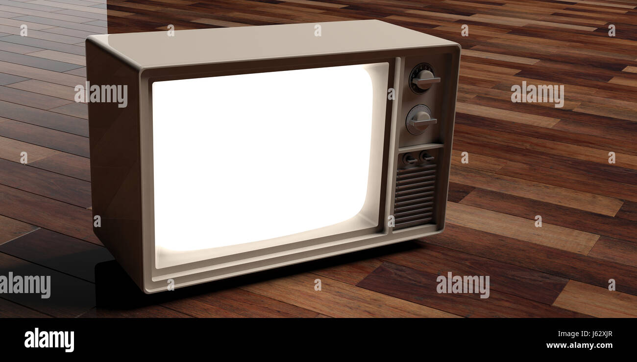 Vintage TV auf hölzernen Hintergrund - textfreiraum isoliert. 3D illustration Stockfoto