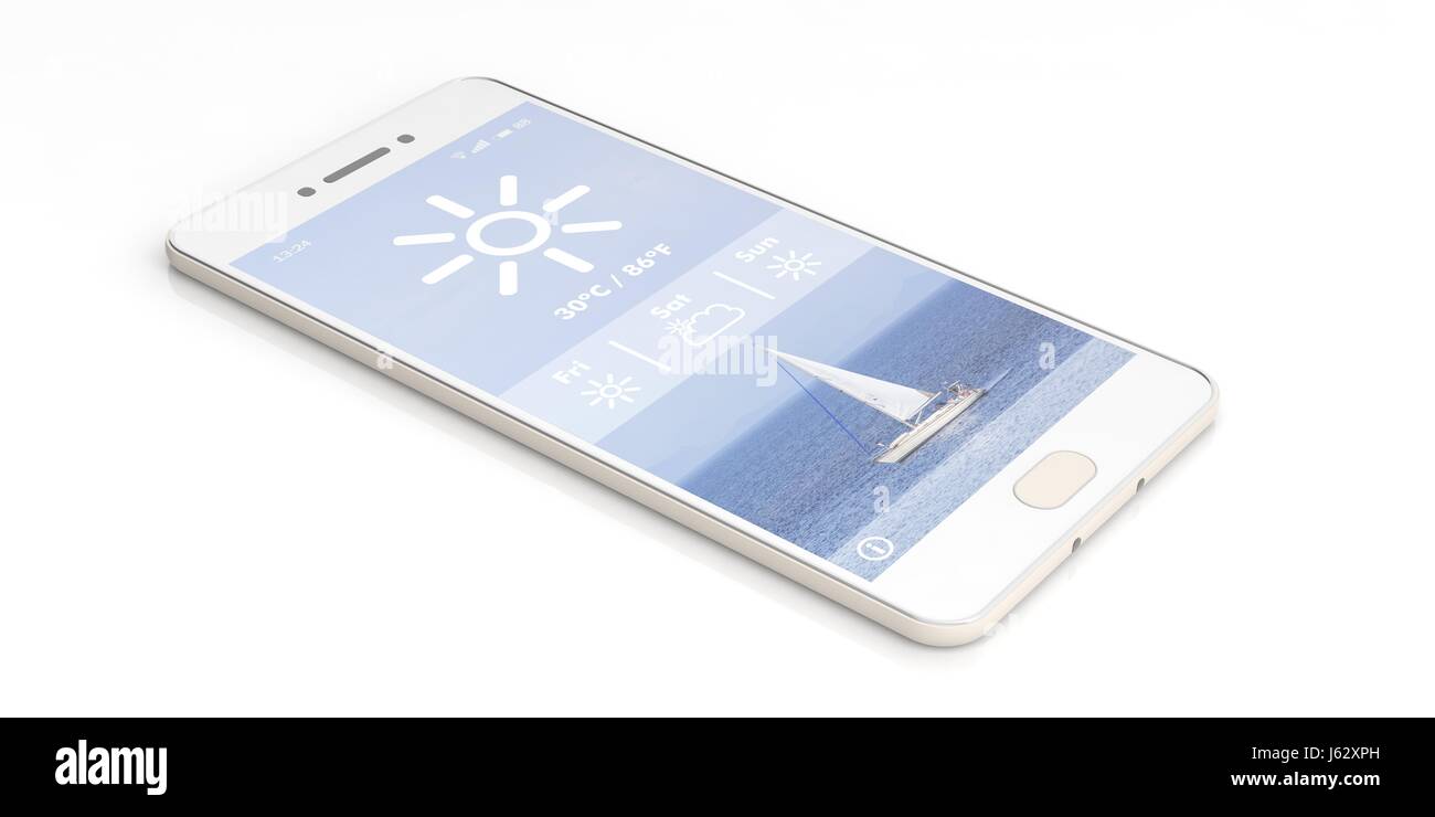 Sommerzeit - Wetter-Anwendung auf einem Smartphone isoliert auf weiss. 3D illustration Stockfoto