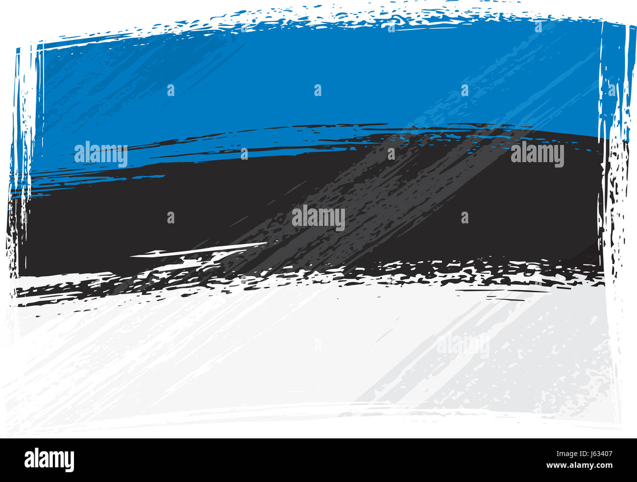 Flagge Estlands blaue Emblem Staub grobe schwarze dunkelhäutige kohlschwarze tiefschwarze leer Stockfoto