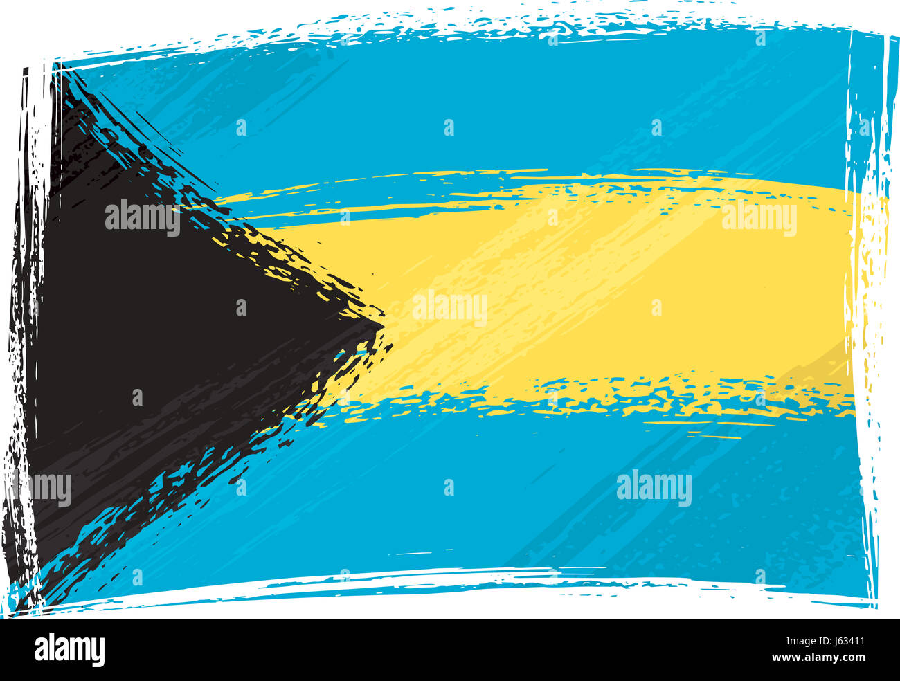 Flagge der Bahamas blaue Emblem Staub grobe schwarze dunkelhäutige kohlschwarze tiefschwarze Amerika Stockfoto