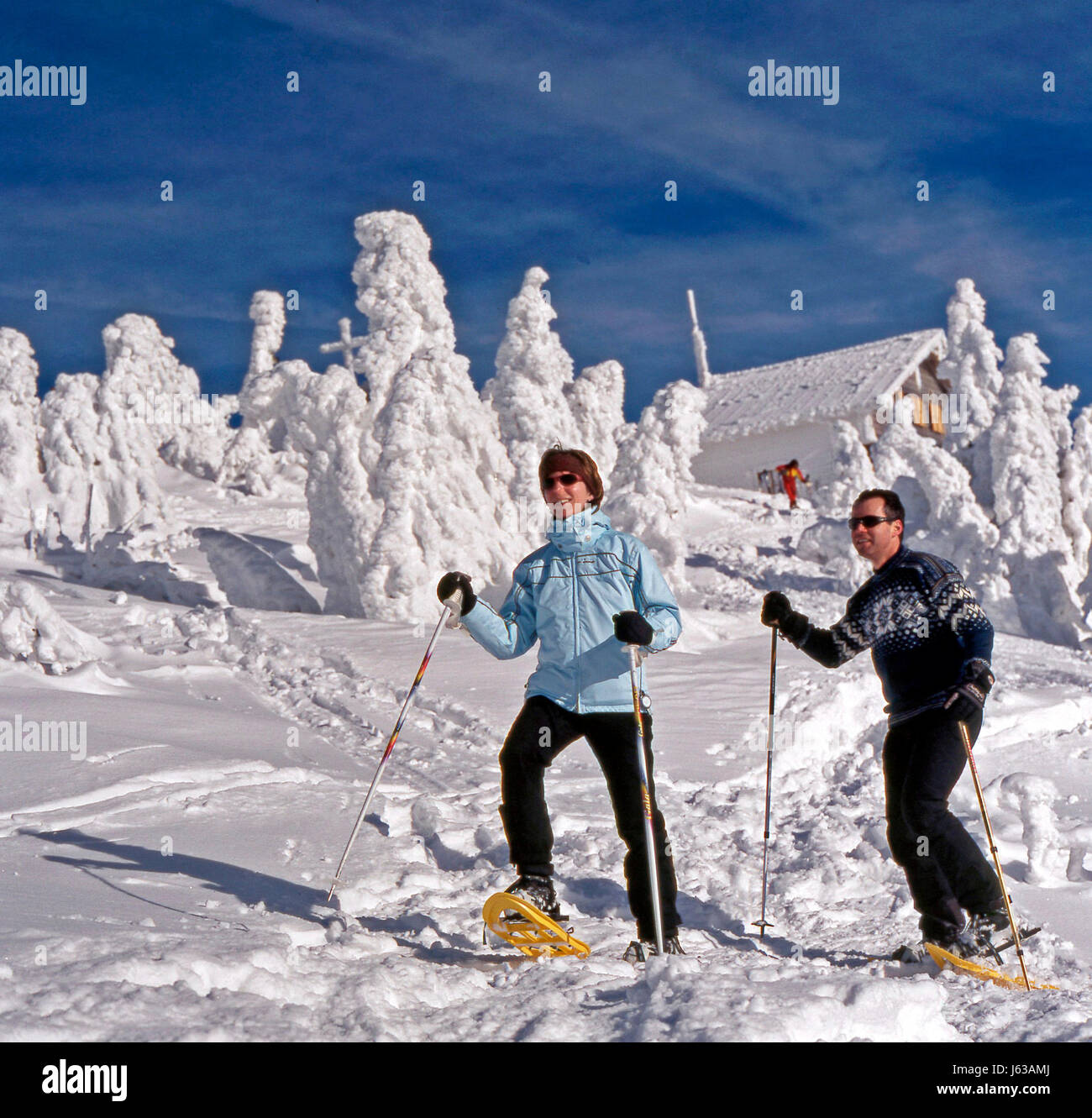 Schneeschuhwanderer an der Spitze der arber Stockfoto