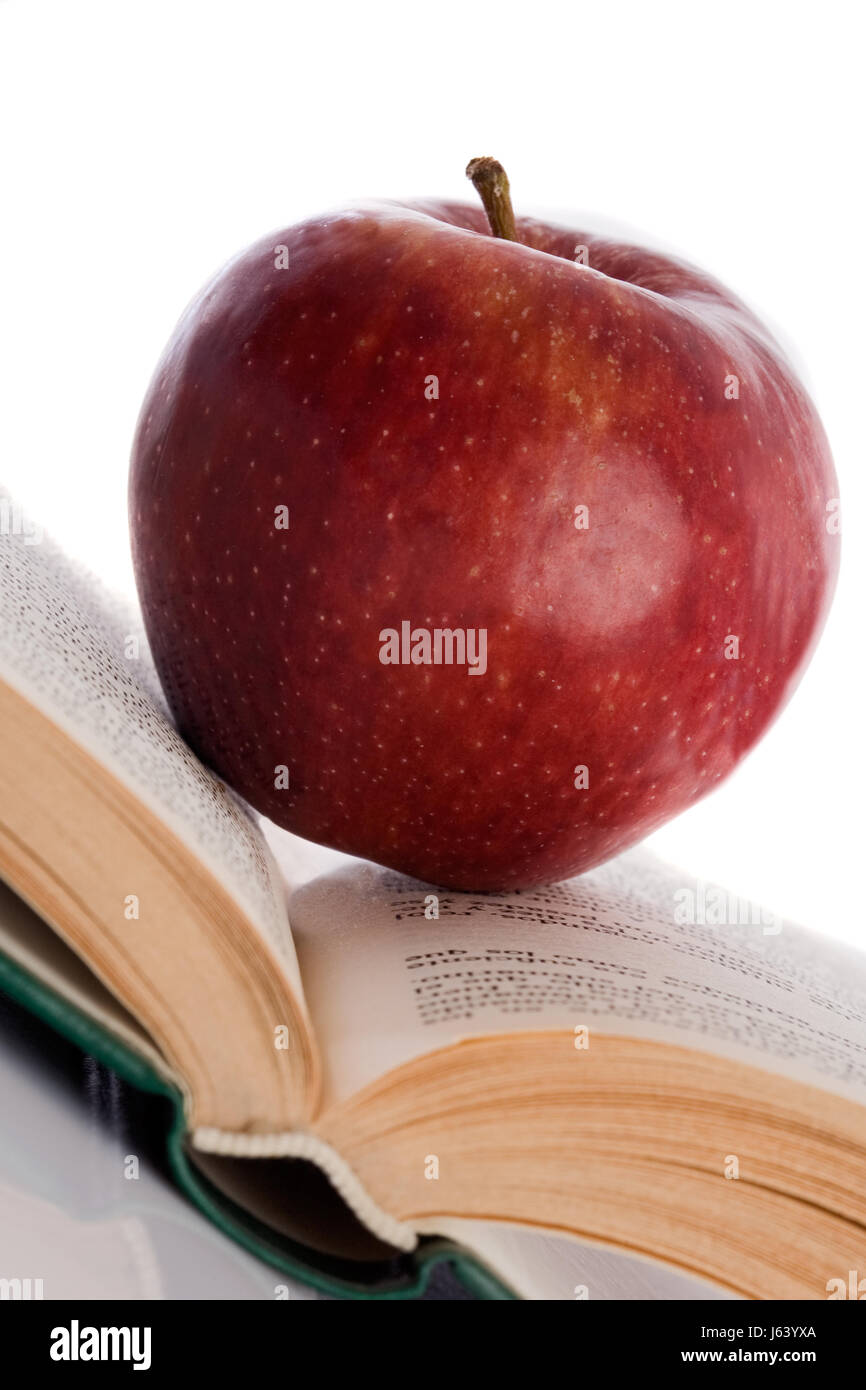 Buch Apfel rot Studie Lebensmittel Nahrungsmittel Objekte Bildung erziehen isolierte Forschung Stockfoto