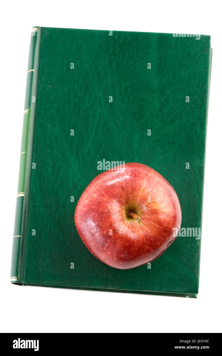 grünes Buch Apple rote Nahrung Nahrungsmittel Objekte Bildung erziehen Gesundheit isoliert Stockfoto