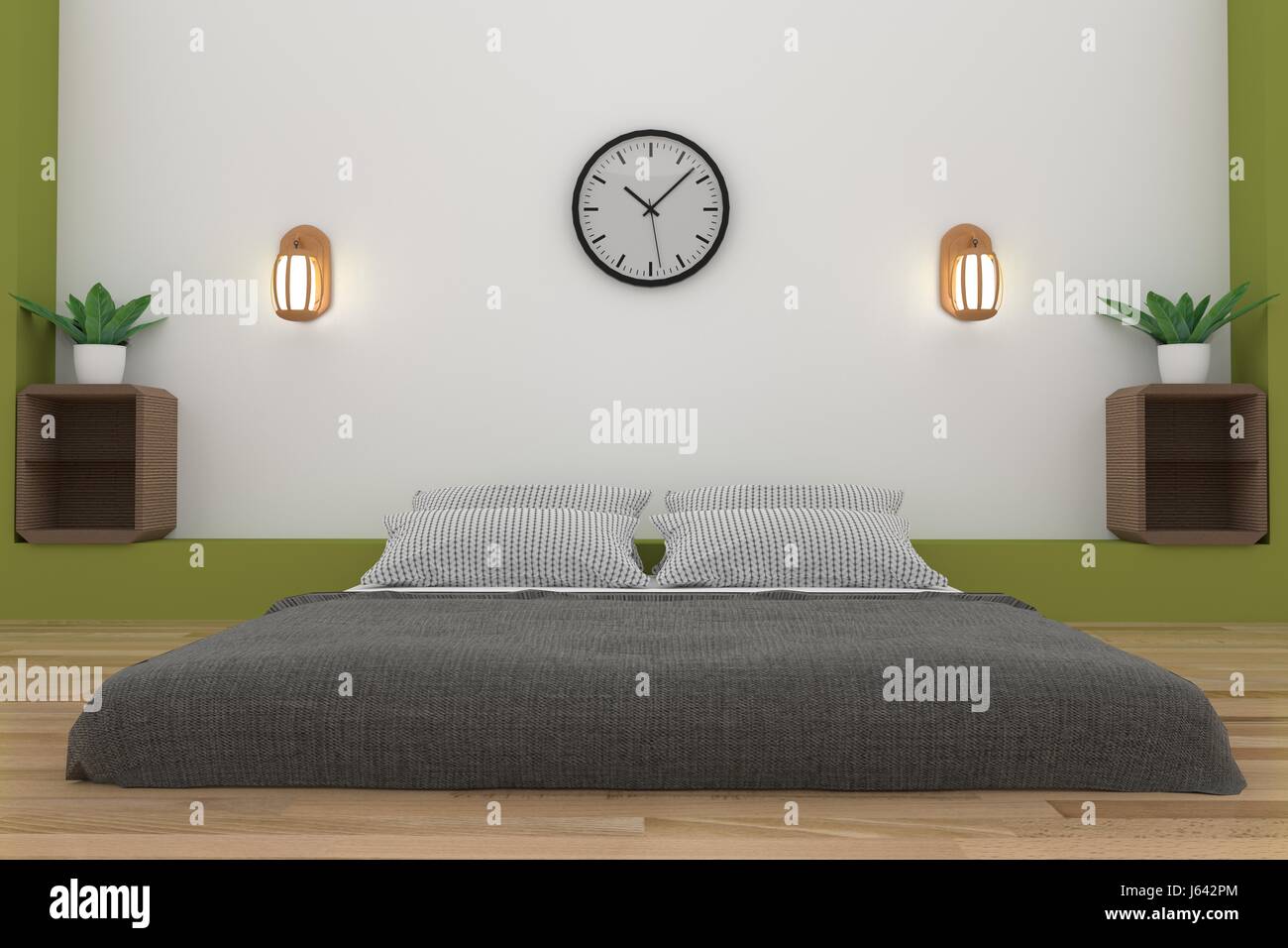 minimalistische Schlafzimmer in der weißen und grünen Raumgestaltung in 3D-Rendering Stockfoto