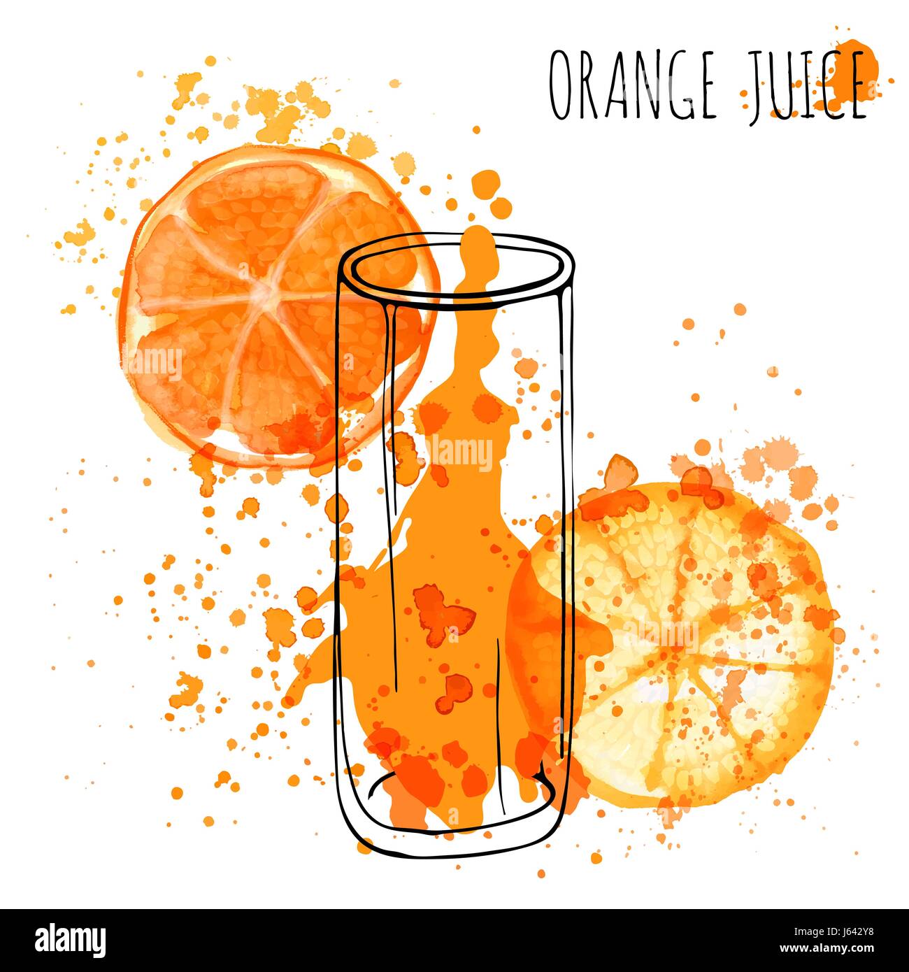 Orange Juice Splash, Vektor Hand zeichnen Aquarell Abbildung. Orangensaft im skizzierten Glas mit Spritzern Stock Vektor