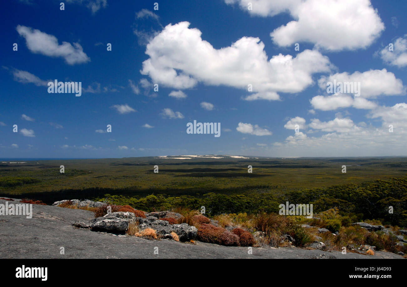 Rock-Australien Dünen Anblick Ansicht Outlook Perspektive Vista Panorama Aussichtspunkt Holz Stockfoto