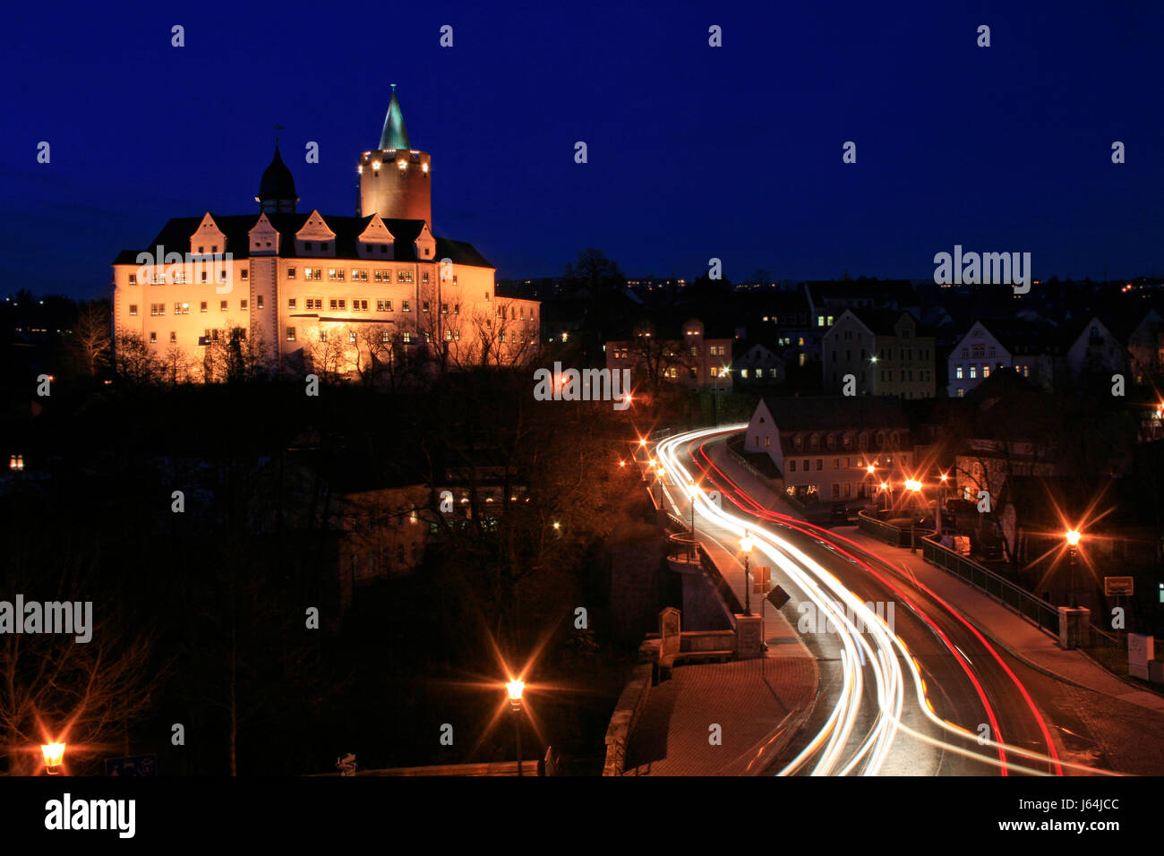 beleuchtete Erzgebirge Turm Straße Burgenstraße Weihnachten Weihnachten x-mas-Schloss Stockfoto