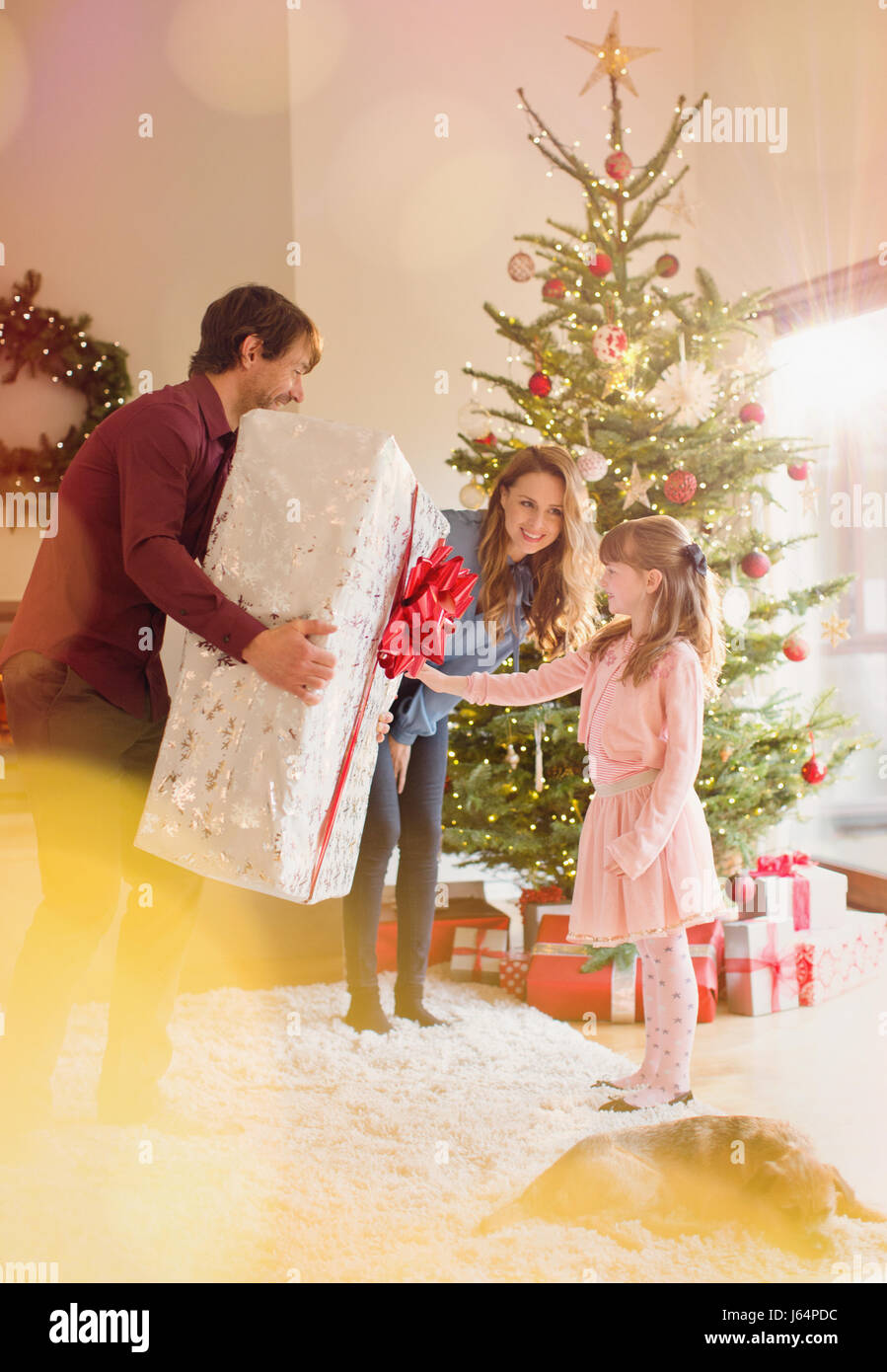 Eltern geben große Weihnachtsgeschenk Tochter im Wohnzimmer neben Weihnachtsbaum Stockfoto