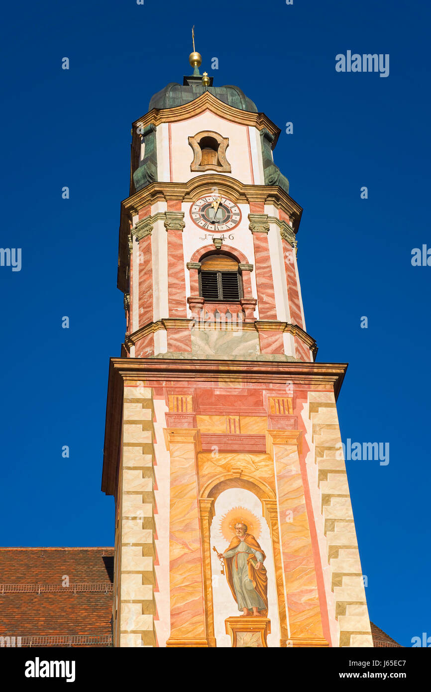 historische Kirche Bayern Deutschland Bundesrepublik Deutschland Kirchturm Kirche-Uhr Stockfoto
