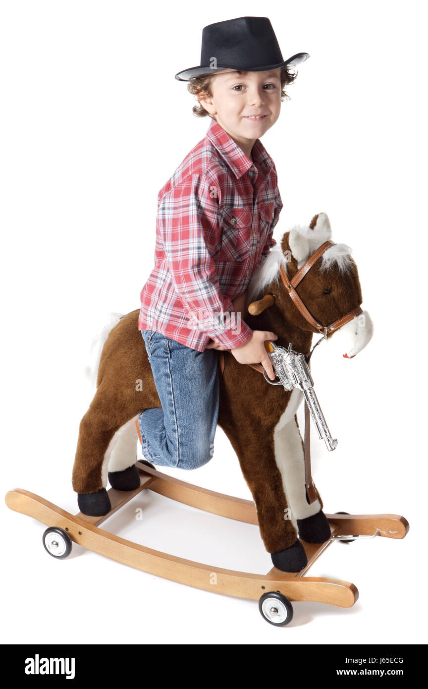 Pferd-Spielzeug Kind Holz junge junge männliche Jugendliche Kind Kinder Reiten Kinder Menschen Stockfoto