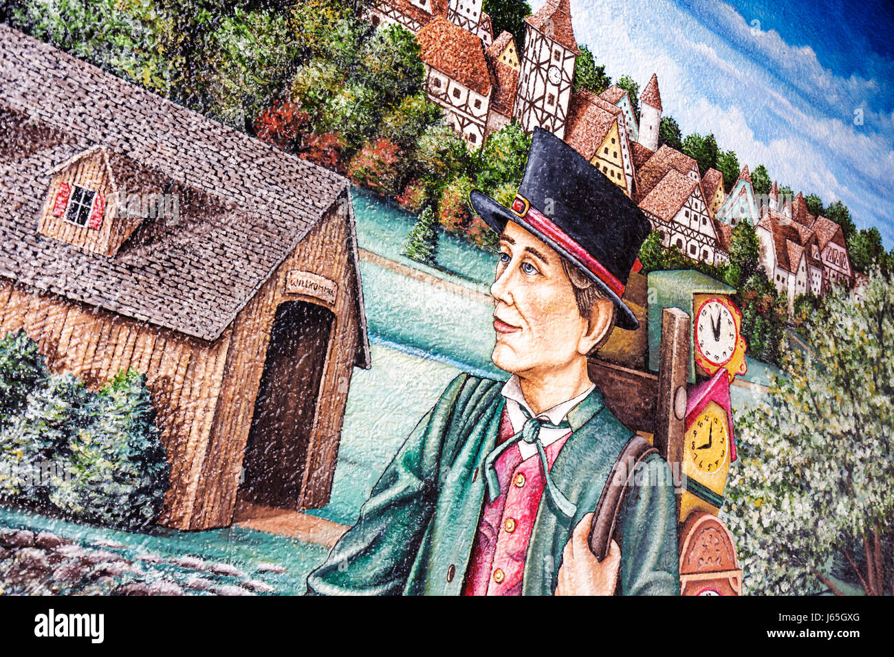 Michigan Saginaw County, Frankenmuth, deutsche bayerische Volksgemeinschaft, Frankenmuth Clock Company, Wandgemälde, Alpendorf, Uhrenhändler Stockfoto