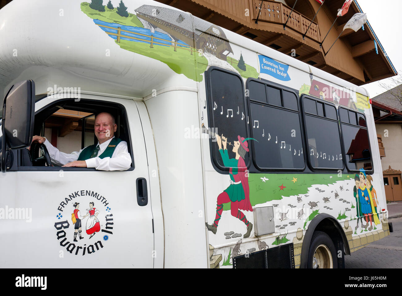 Michigan Frankenmuth, Bavarian Inn, Lodge, deutsche ethnische Gemeinschaft, Shuttle, Fahrzeug, Mann Männer männlich, Fahrer, Logo, bemalt, Rattenfänger von Hameln, skurril, MI090 Stockfoto