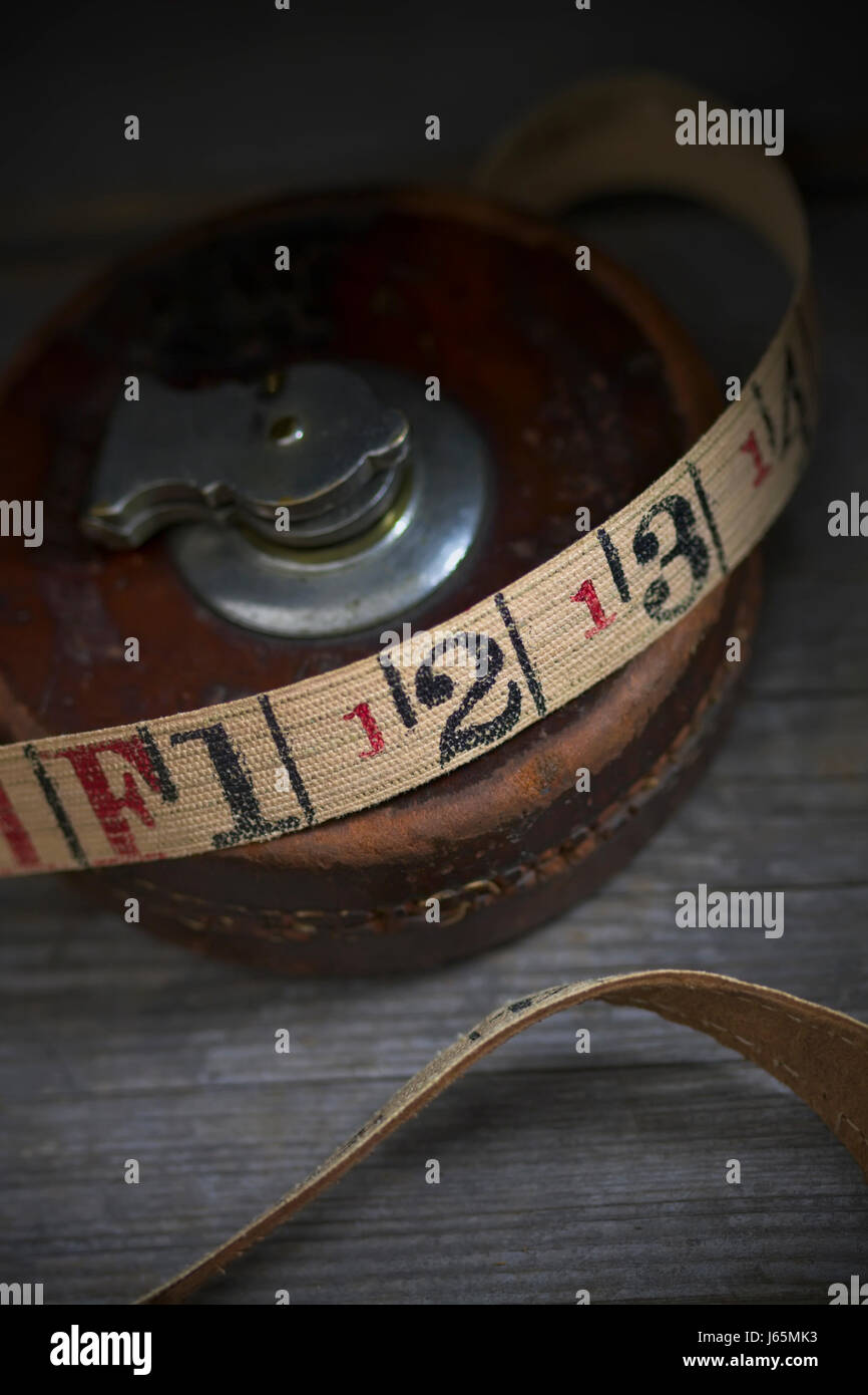 Werkzeug Holz Antik gemessenen Motivationsdruck Maßnahme Werkbank Nummer altes Band instrument Stockfoto