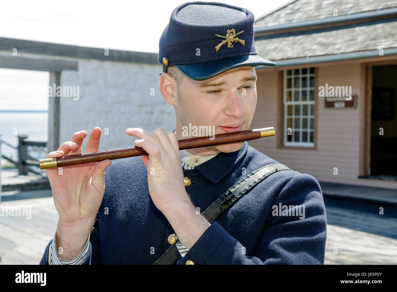 Mackinac Island Michigan, Historic State Parks Park Mackinaw, Straits of, Lake Huron, Fort Mackinac, kostümierter Dolmetscher, 1878 Soldaten, Nachstellung, Werbung für Erwachsene Stockfoto