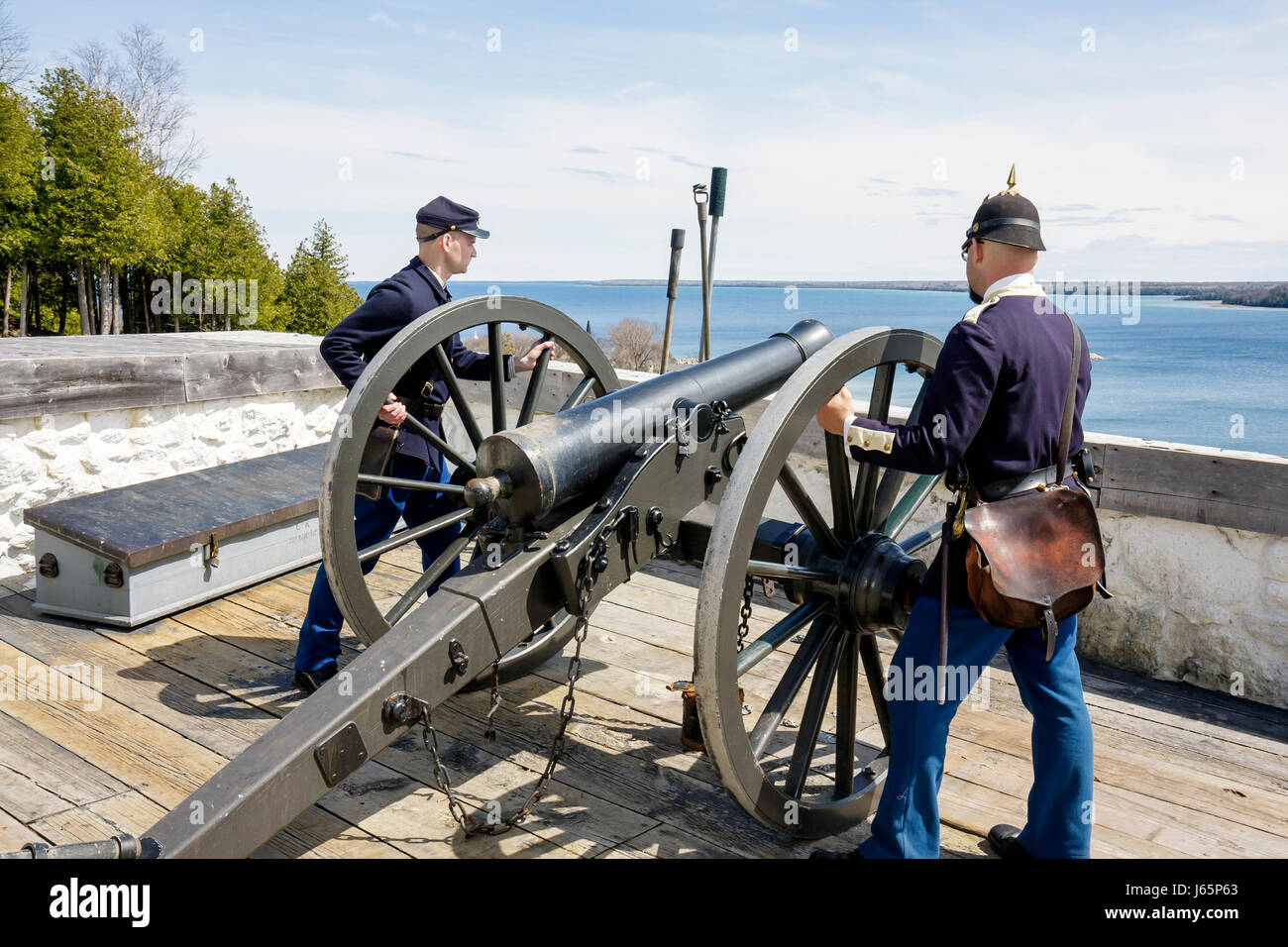 Mackinac Island Michigan, Historic State Parks Park Mackinaw, Straits of, Lake Huron, Fort Mackinac, kostümierter Dolmetscher, 1878 Soldaten, Demonstration, Reenac Stockfoto