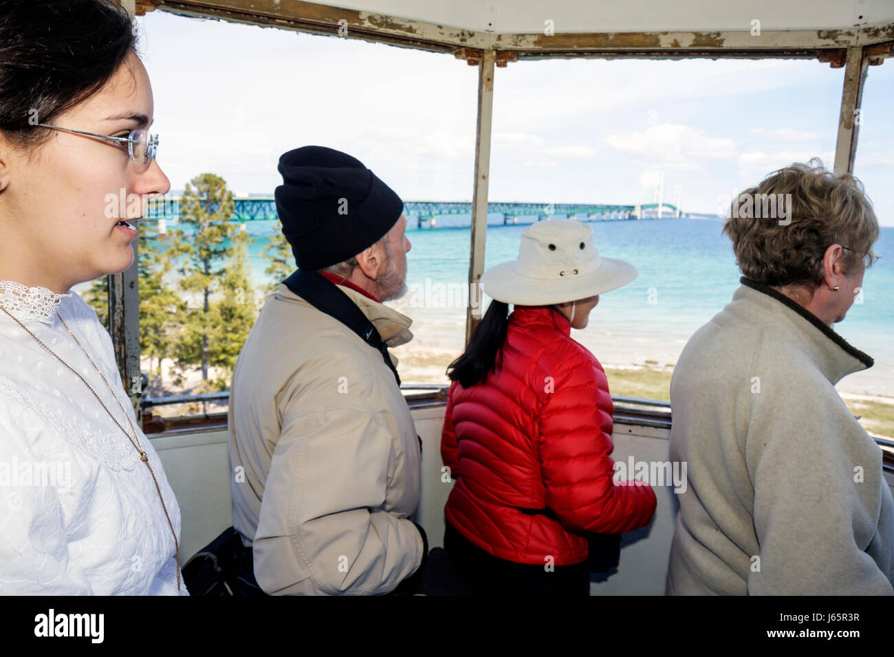 Michigan, MI, mich, Upper Midwest, Mackinaw City, Mackinac Historic State Parks Park, Straße von Mackinac, Lake Huron, Mackinac Bridge, Old Mackinac Point Ligh Stockfoto