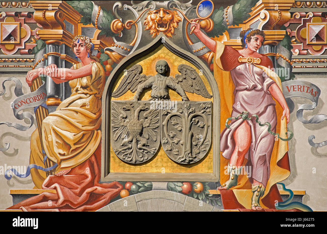 historische Kunst Malerei Detail Eintritt Rathaus Gemälde historische Kunst Stockfoto