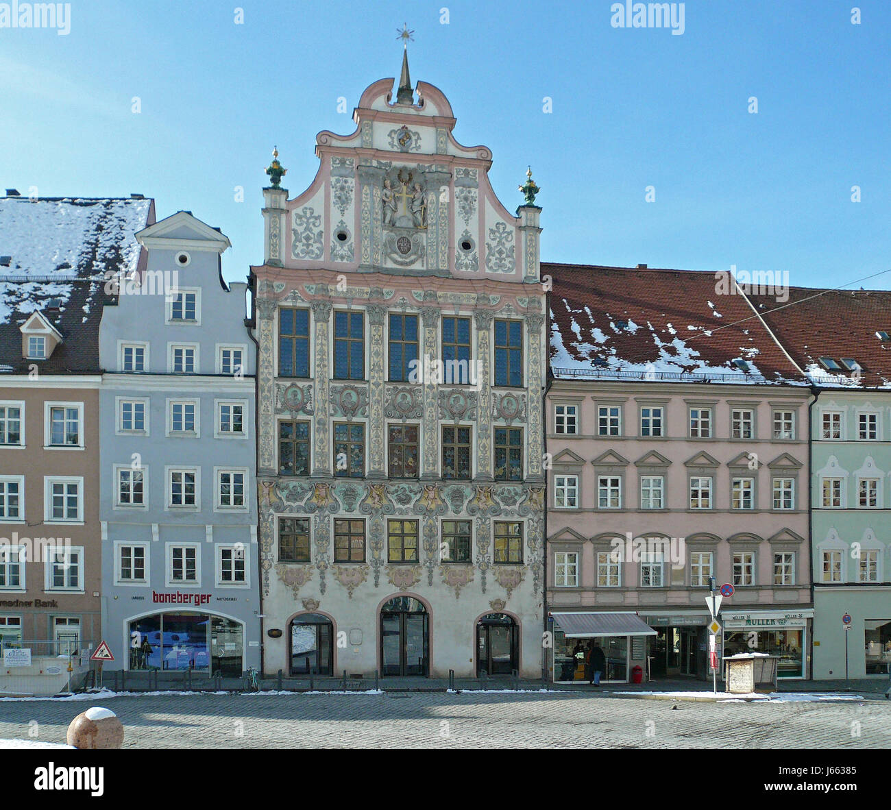 Hausbau-Putz Fassade Bouldern Straße Straße Gebäude blaues Haus Stockfoto