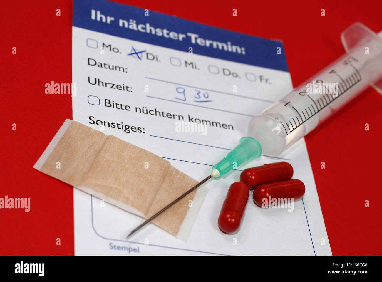 Rutsch Mal Timing Spritze Injektion Datum Schlupf Gips Pillen absägen Tabletten Stockfoto