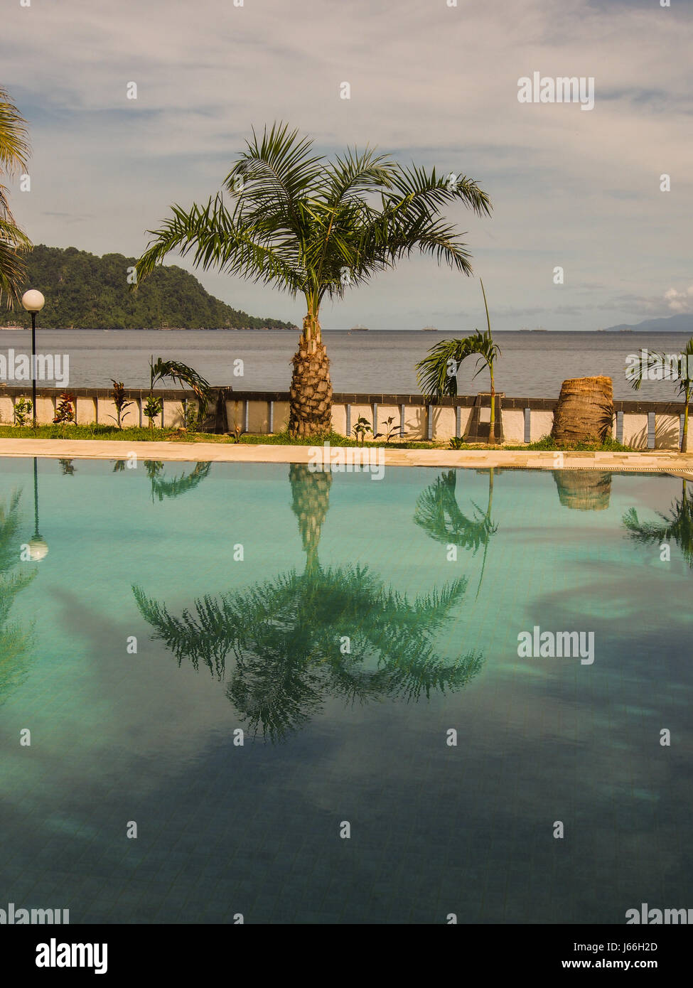 Jayapura, Indonesien - 24. Januar 2015: Eine Palme im Poolwasser in der Abendsonne spiegeln Stockfoto