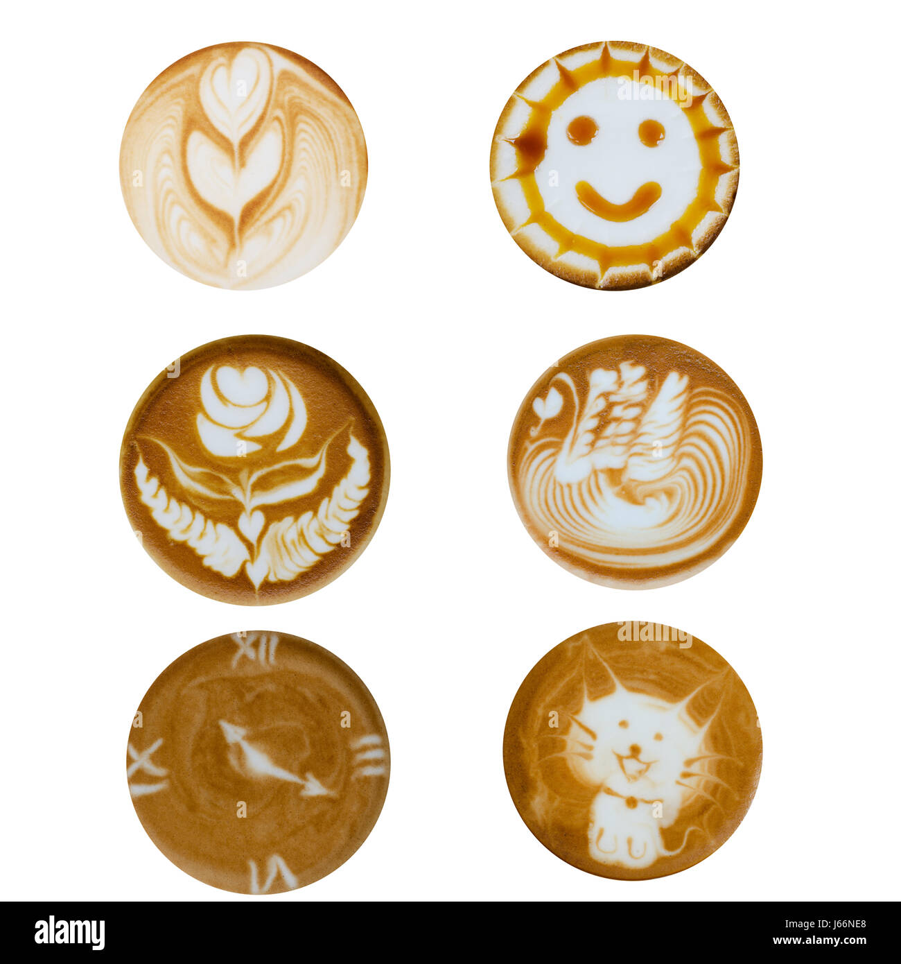 Tassen Latte Kunst Formen isoliert auf weißem Hintergrund Stockfoto