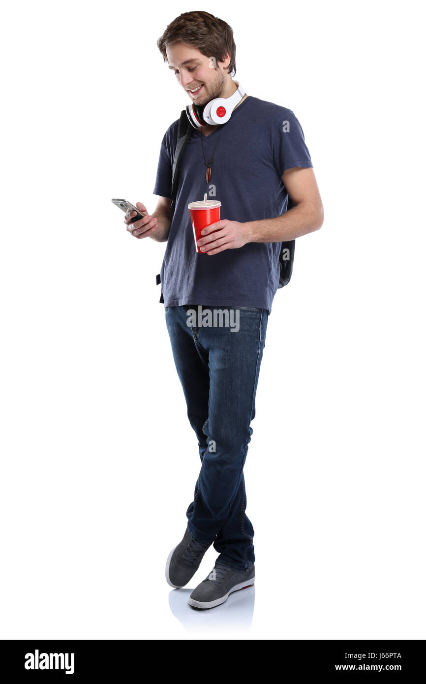 Student mit Smartphone Cola trinken junger Mann Ganzkörper Portrait Menschen isoliert auf weißem Hintergrund Stockfoto