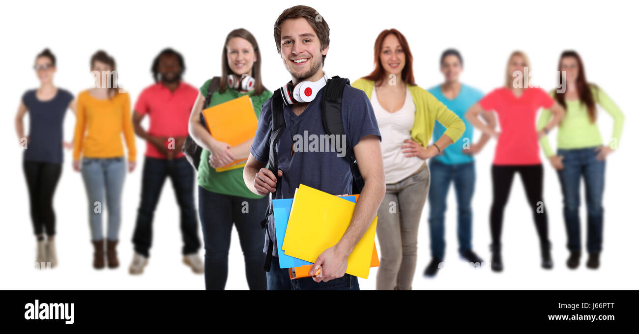 Gruppe von Studenten, jungen Menschen glückliche lächelnd isoliert auf weißem Hintergrund Stockfoto