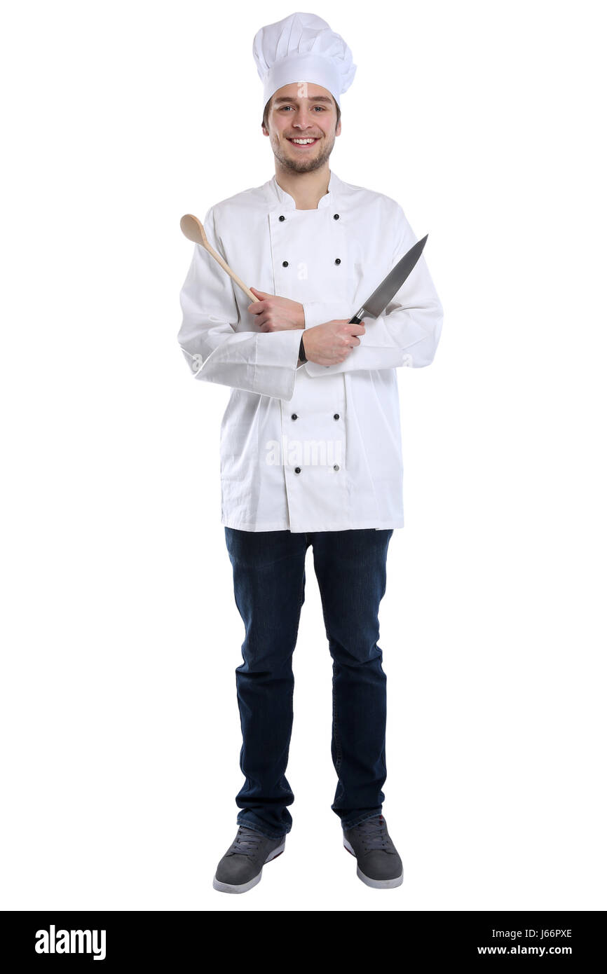 Koch Lehrling Lehrling Kochen mit Messer stehen Ganzkörper Job jung isoliert auf weißem Hintergrund Stockfoto