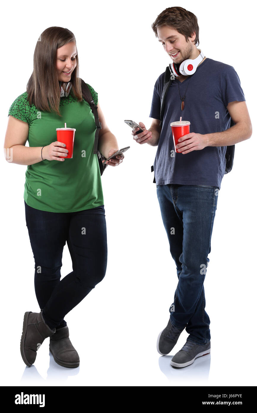 Studenten mit Smartphone Cola trinken junge Ganzkörper Portrait Menschen isoliert auf weißem Hintergrund Stockfoto