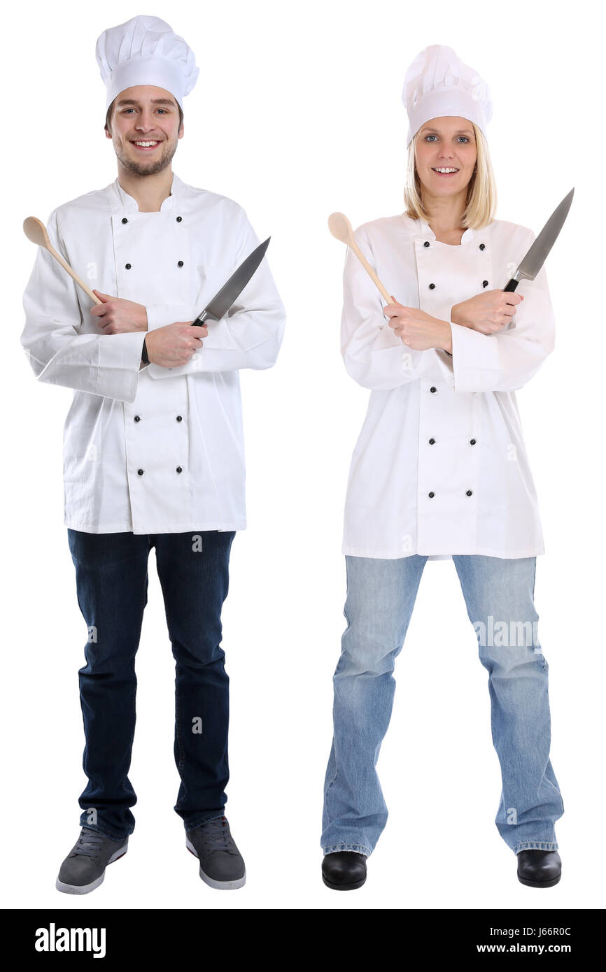 Koch Lehrling Auszubildende Auszubildende Köche stehen Ganzkörper Kochen mit Messer Job jung isoliert auf weißem Hintergrund Stockfoto