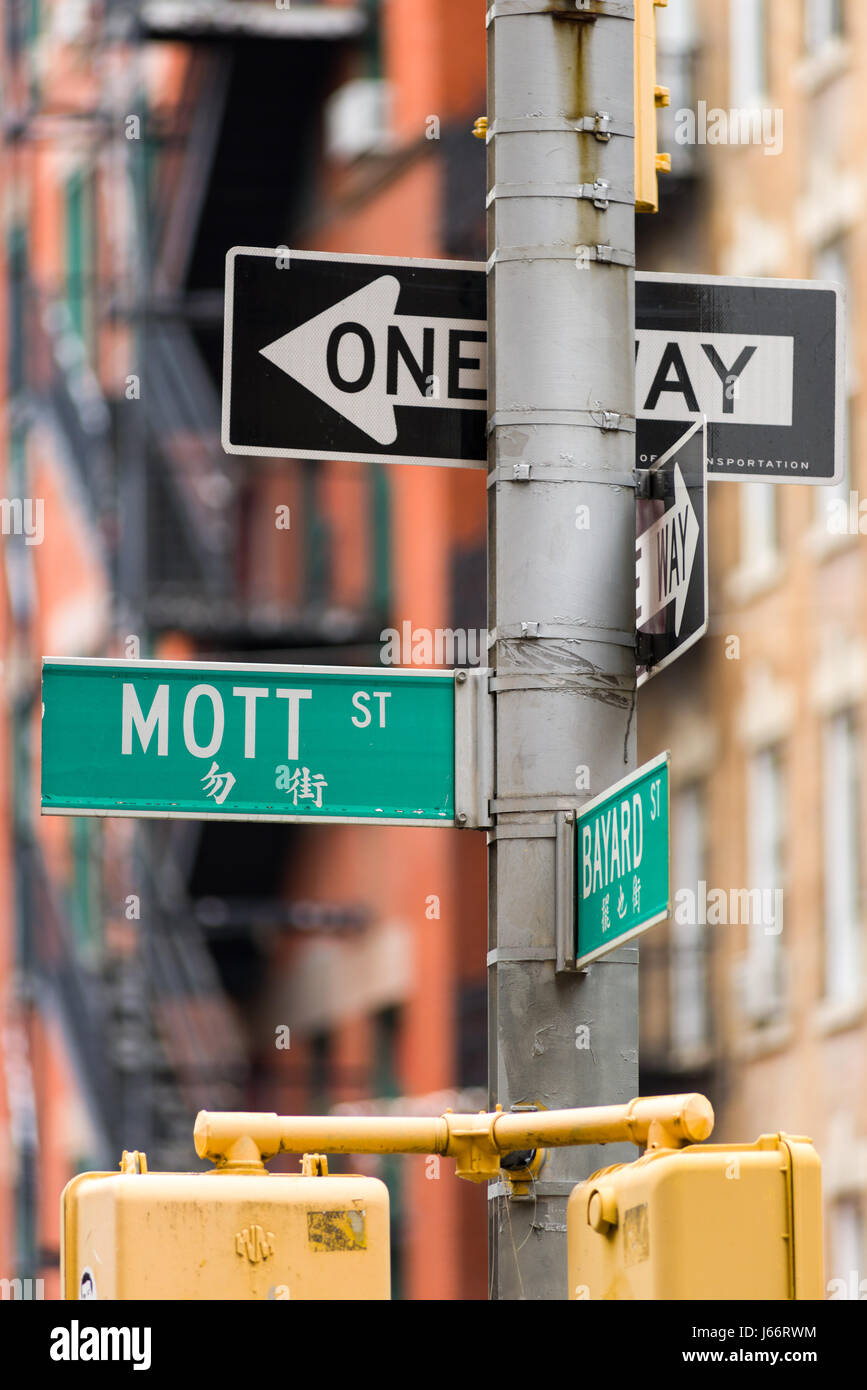Straßenschild der Mott Street, Chinatown, New York Stockfoto