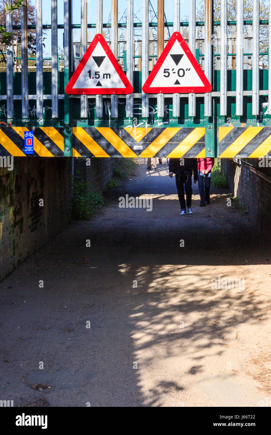 Eine niedrige Eisenbahnbrücke über einen Pfad der Walthamstow Sümpfe überqueren und Coppermill Lane, London, Großbritannien Stockfoto