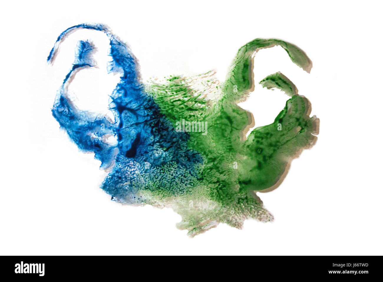 Eine abstrakte Drucken der menschlichen Ohren auf Glas mit natürlichem Grün und Blau Aquarellfarben. Stockfoto