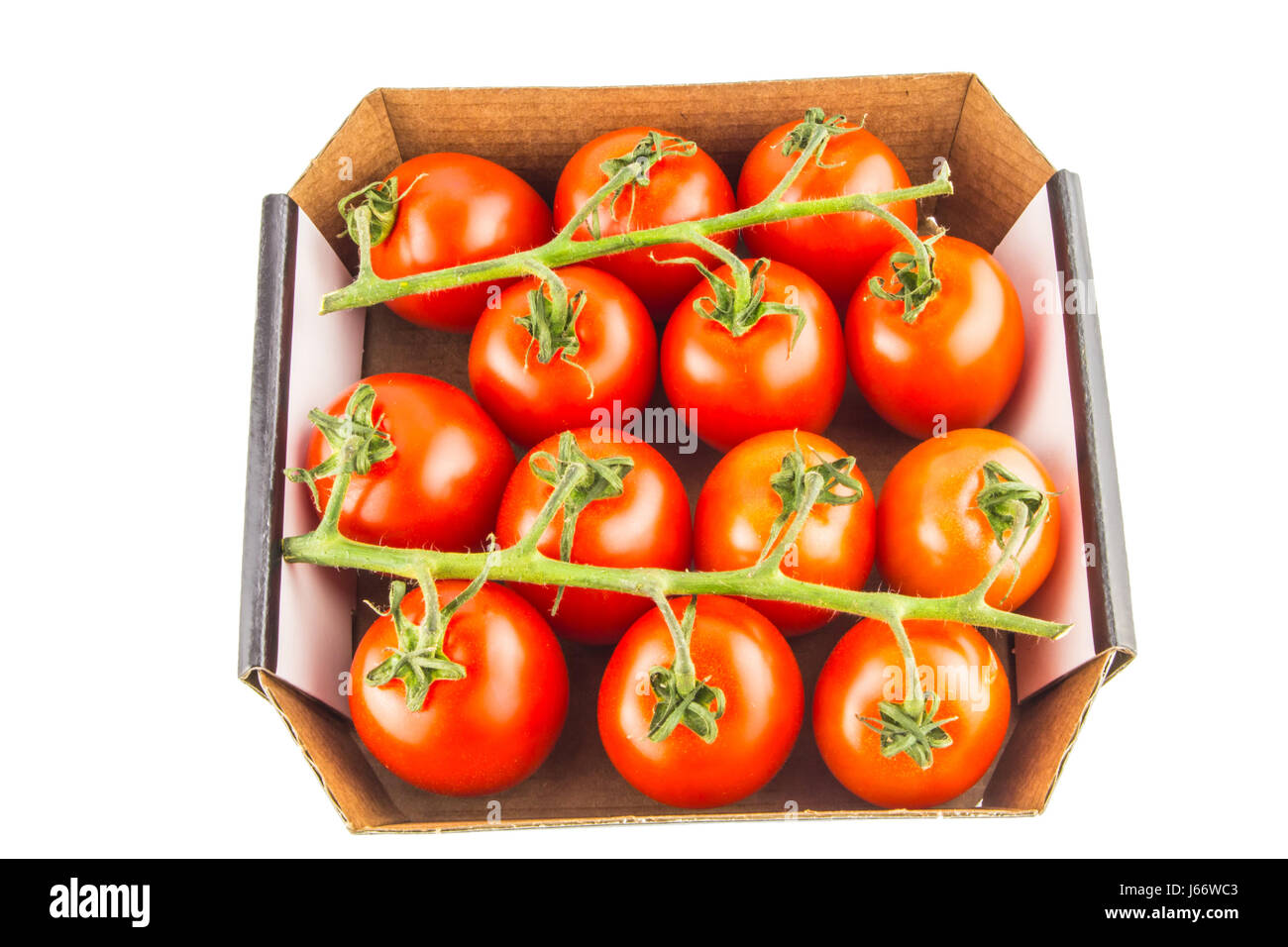 Cherry-Tomaten in einer Box auf einem weißen Hintergrund isoliert Stockfoto