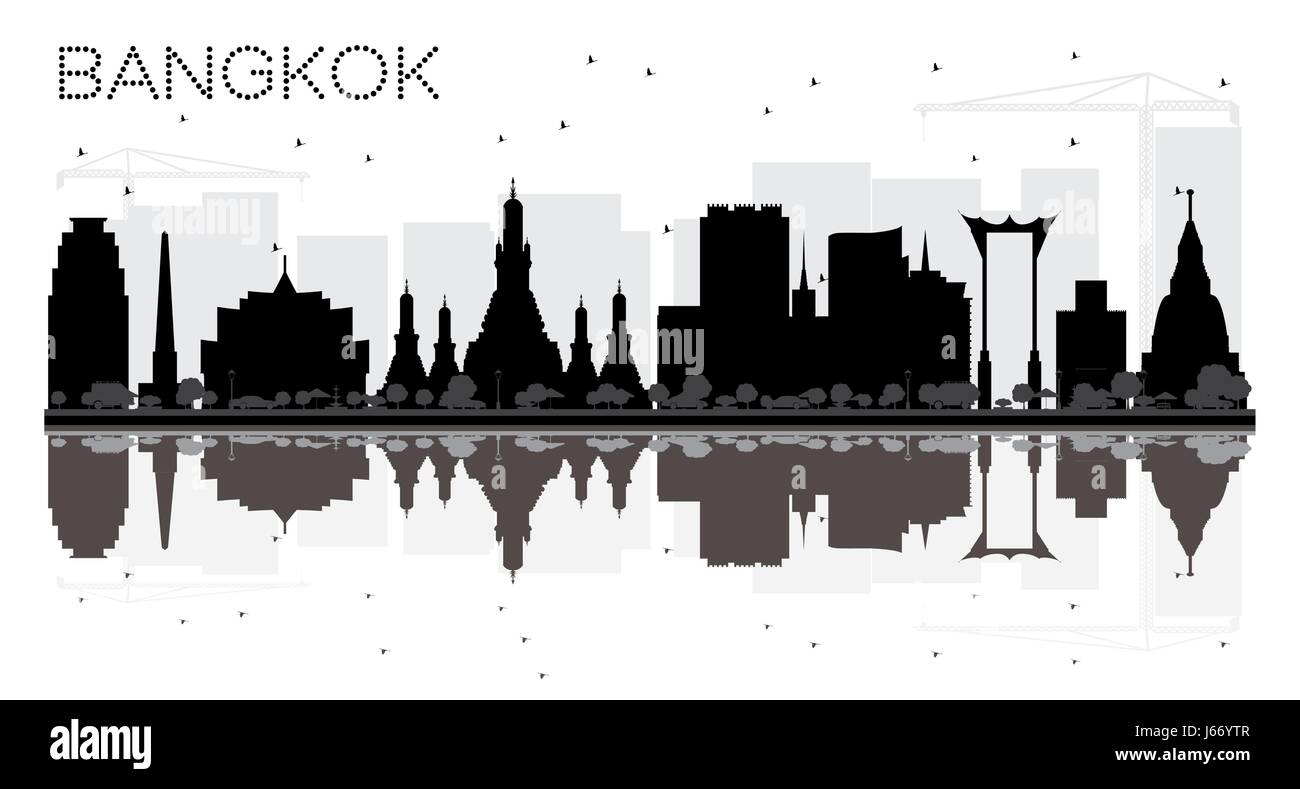 Bangkok City Skyline schwarze und weiße Silhouette mit Reflexionen. Vector Illustration. einfache flache Konzept für Tourismus Präsentation, Banner, Plakat Stock Vektor