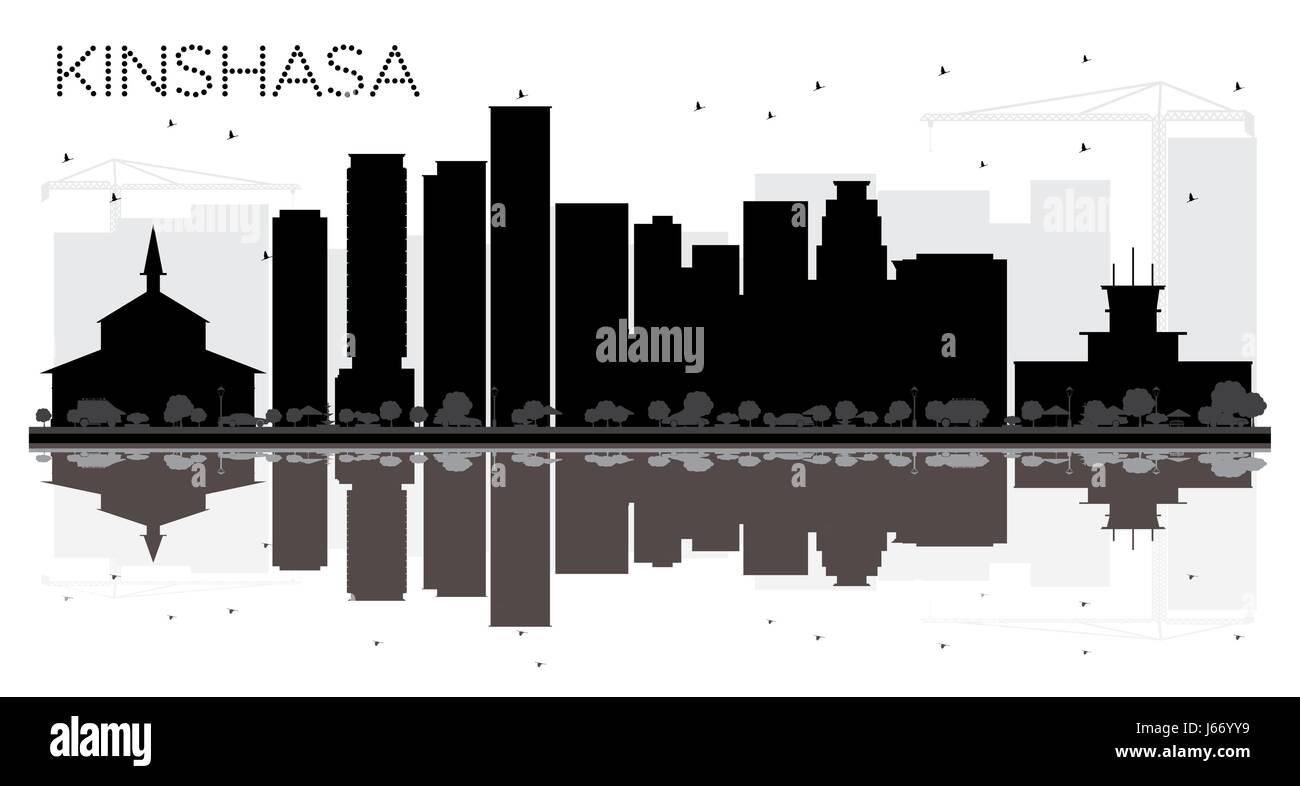 Kinshasa Skyline der Stadt schwarze und weiße Silhouette mit Reflexionen. Vector Illustration. einfache flache Konzept für Tourismus Präsentation, Banner, Plakat Stock Vektor