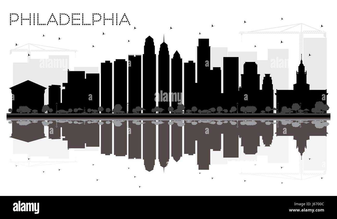 Philadelphia Skyline der Stadt schwarze und weiße Silhouette mit Reflexionen. Vector Illustration. einfache flache Konzept für Tourismus Präsentation, Banner Stock Vektor