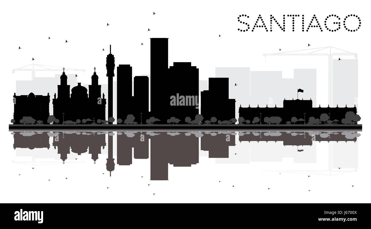 Santiago Skyline der Stadt schwarze und weiße Silhouette mit Reflexionen. Vector Illustration. Stadtbild mit Sehenswürdigkeiten. Stock Vektor