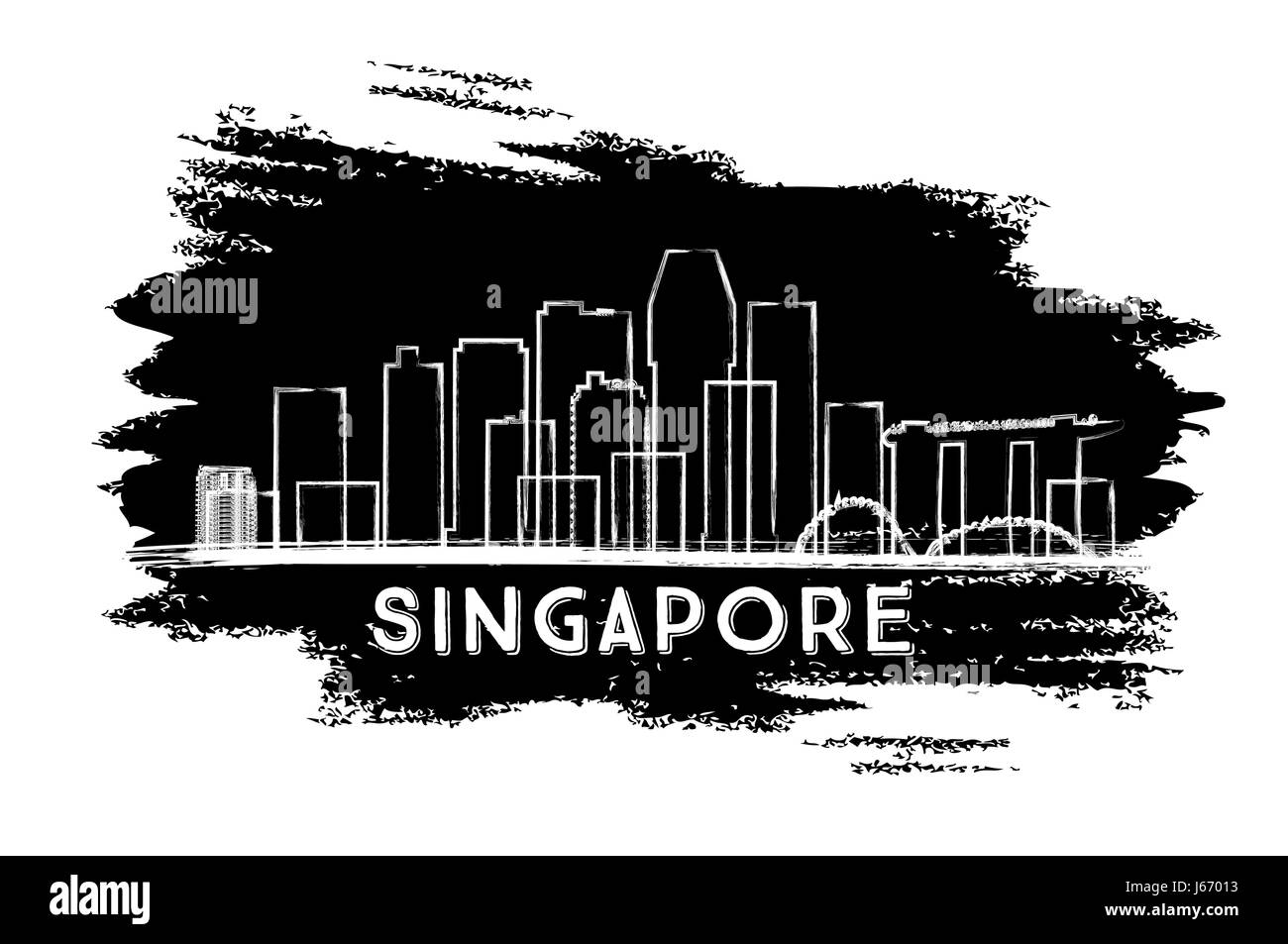 Skyline von Singapur Silhouette. Hand gezeichnete Skizze. Vector Illustration. Business Travel und Tourismus Konzept mit moderner Architektur. Stock Vektor