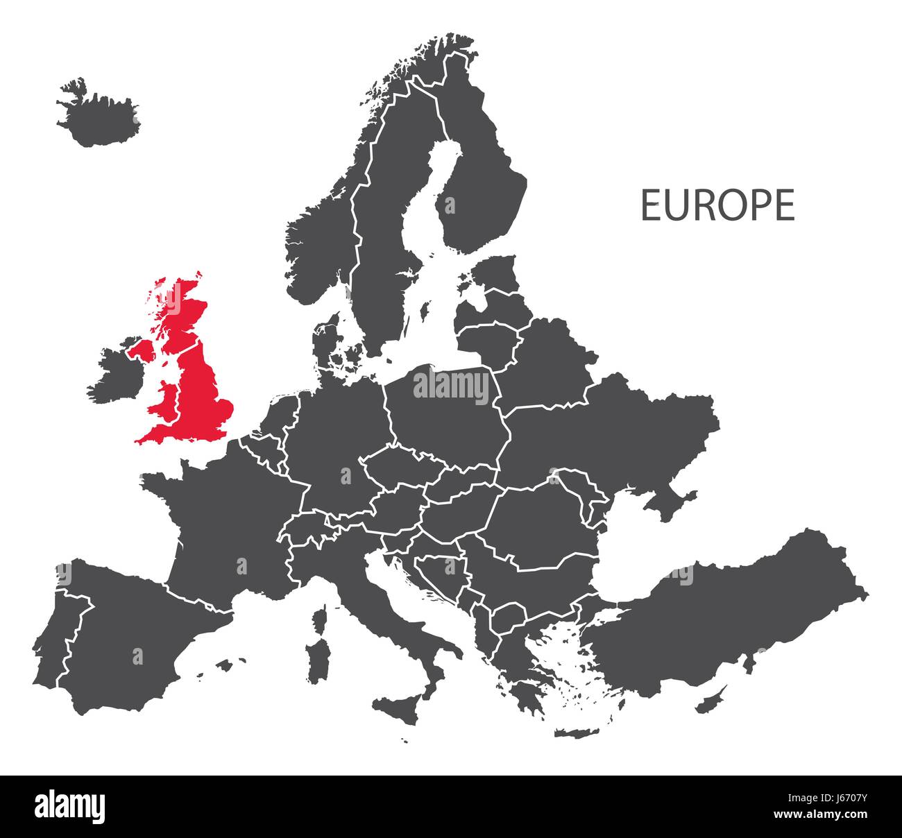 Europa mit Ländern Karte dunkelgrau einschließlich hervorgehobenen Großbritannien in rot (Austritt) Stock Vektor