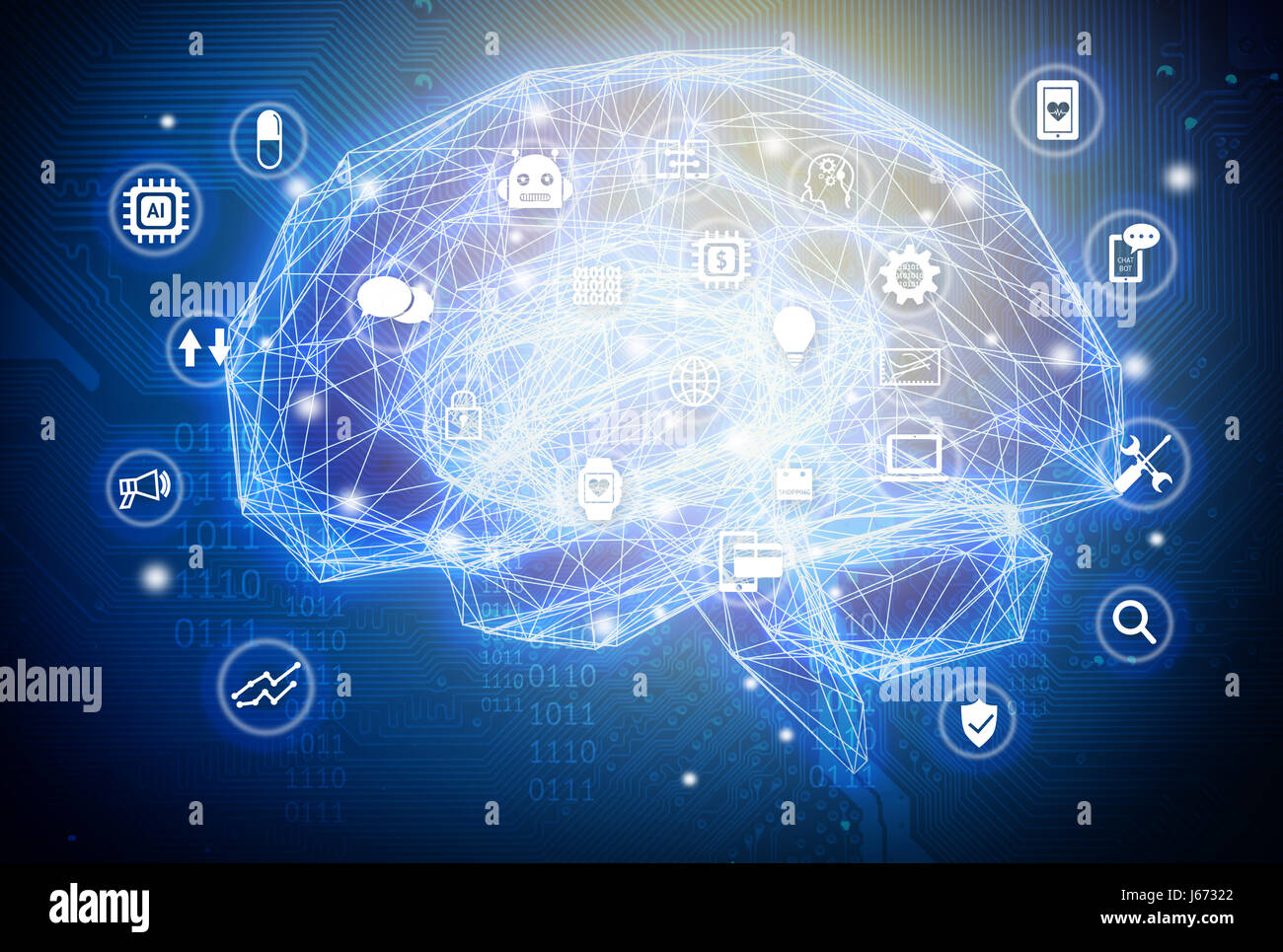 Maschinelles lernen, künstliche Intelligenz, KI, Tiefe lernen und Zukunftskonzept. Wireframe Gehirn verbinden mit Schaltung elektronische Graphik, binäre c Stockfoto
