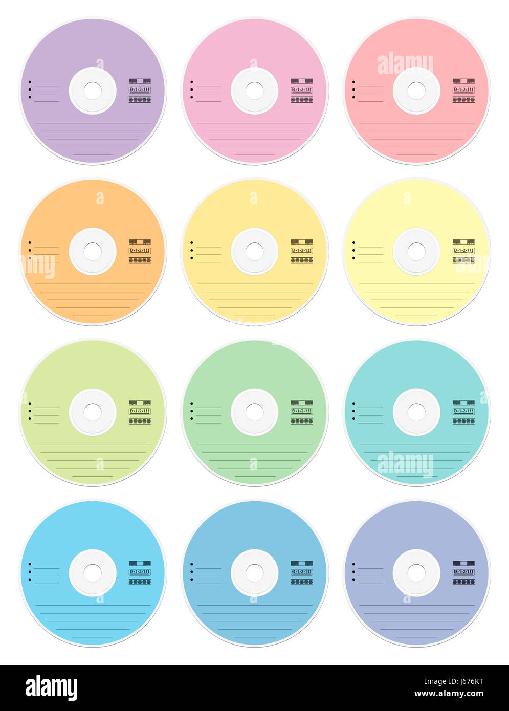 CD Rohlinge - Pastell Farben Satz von zwölf CDs oder DVDs - externe Daten Sammlung Speichermedien für Musik, Filme, Fotos, Dokumente. Stockfoto