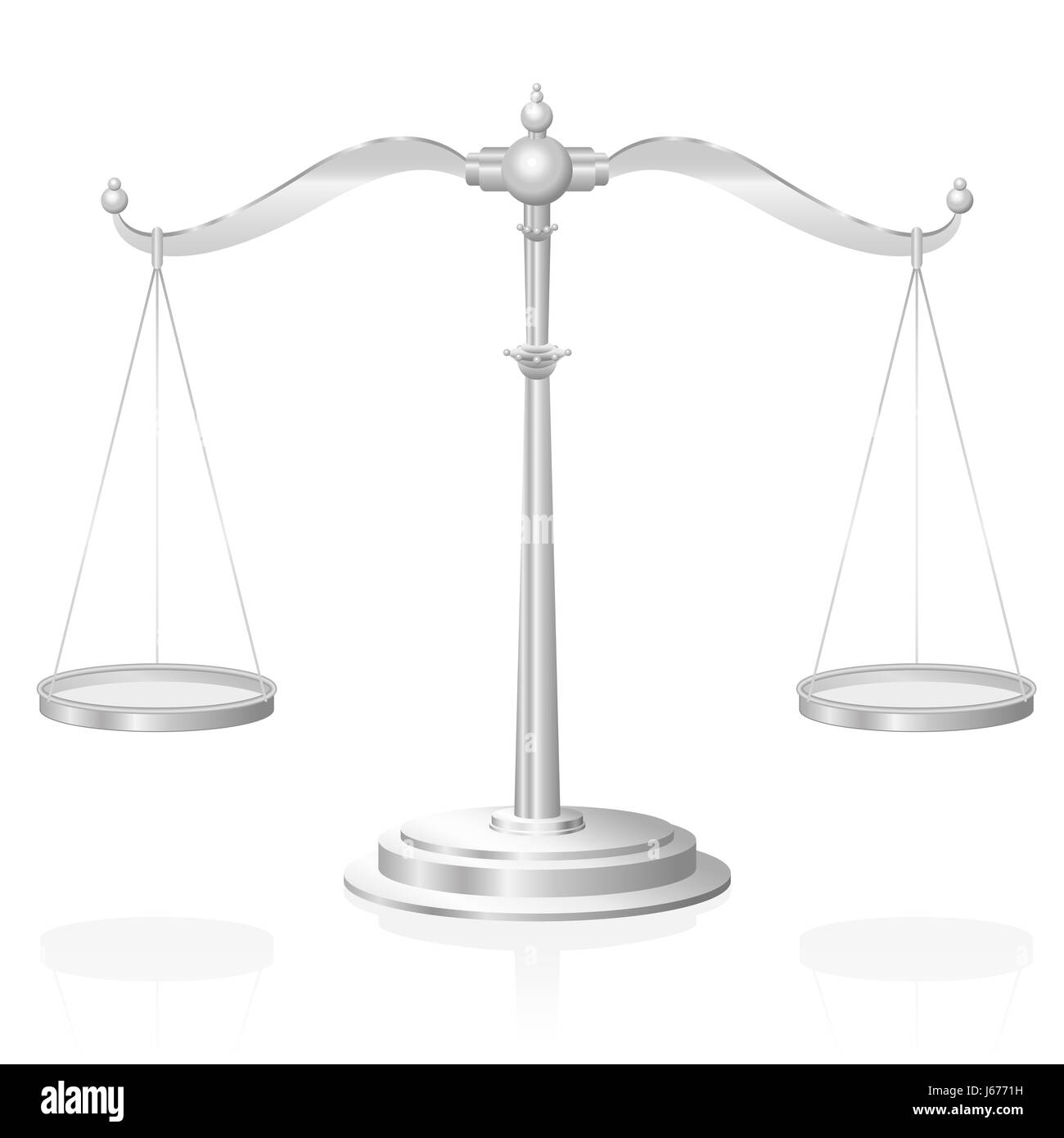 Waage - Symbol für Gerechtigkeit, Gerichtsbarkeit, Ausgewogenheit und Fairness - Abbildung auf weißem Hintergrund. Stockfoto